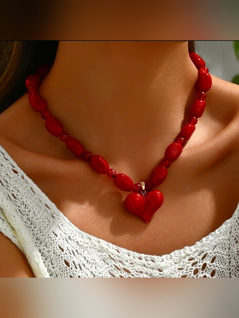Red Glass Bead Necklace with Heart Pendant | Elegant Sexy Glossy Beaded Necklace